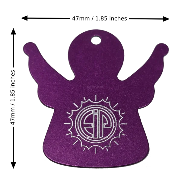 Tesla Purple Energy Angel Pendant - Large Dimensions Large Tesla Purple Energy Angel pendant with dimension lines showing height and width of 47mm (1.85 inches).