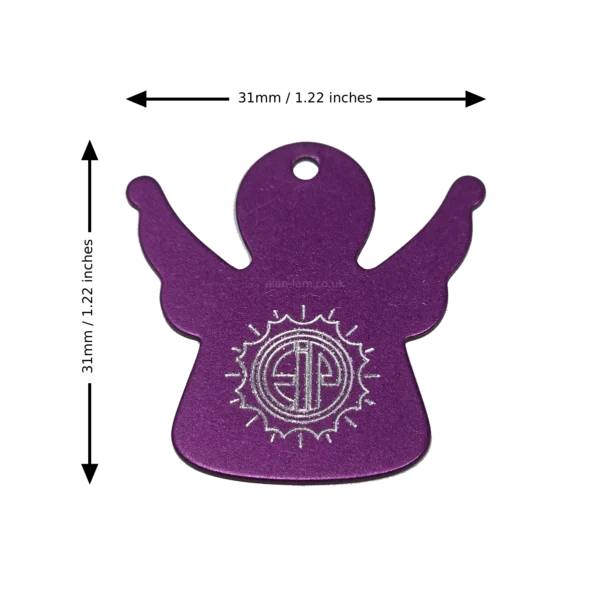 Tesla Purple Energy Angel Earring - Small Dimensions Size dimensions of Small Tesla Purple Angel earring showing height and width of 31mm (1.2 inches).