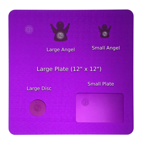 Tesla Purple Energy Plates, Angels & Discs - Full Collection Full range of genuine Tesla Purple Energy products including Large Plate (12x12 inch), Small Plate, Large Disc, and Angel Pendants.